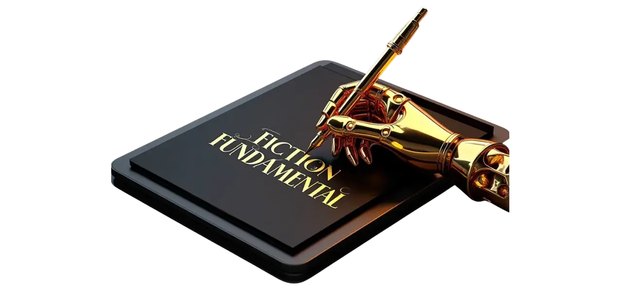 An open notebook with story ideas and a laptop showing a fiction writing course.